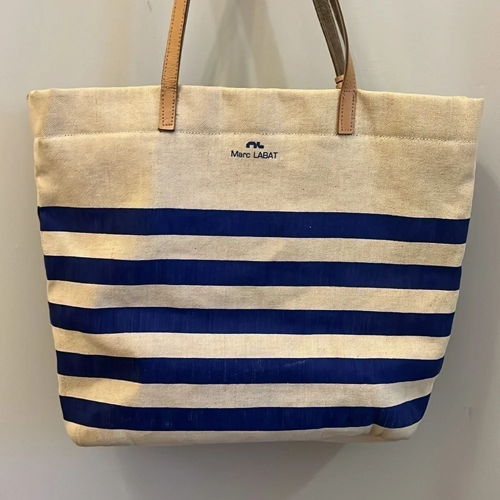 Marc Lamar Canvas Tote Bag Leather Handles & Trim Striped Zipper Top Jute Tassel